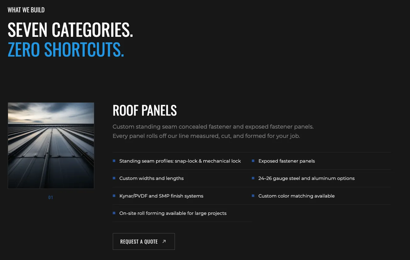 Products — seven categories, on one page