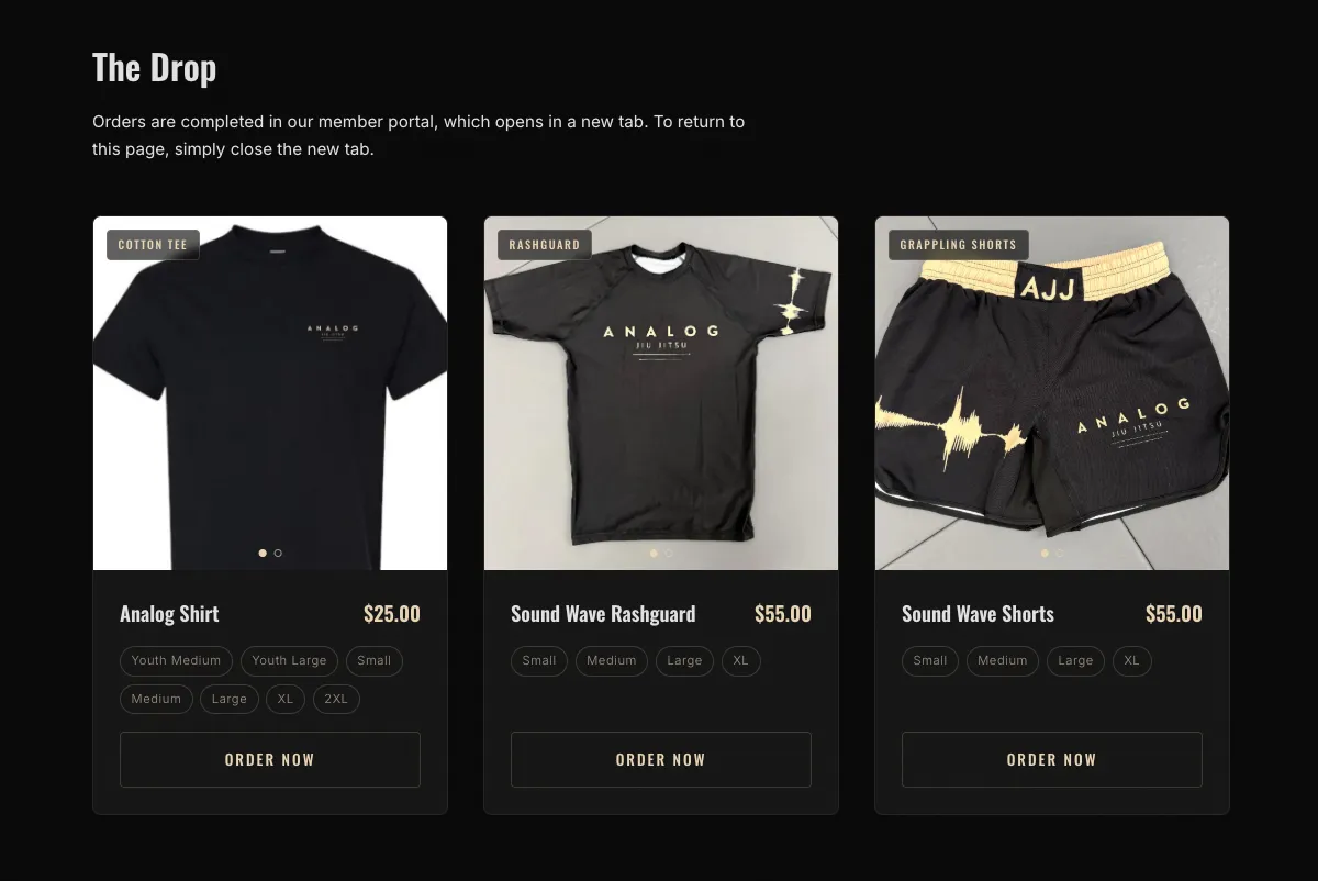 The Drop — gear, sized and priced upfront